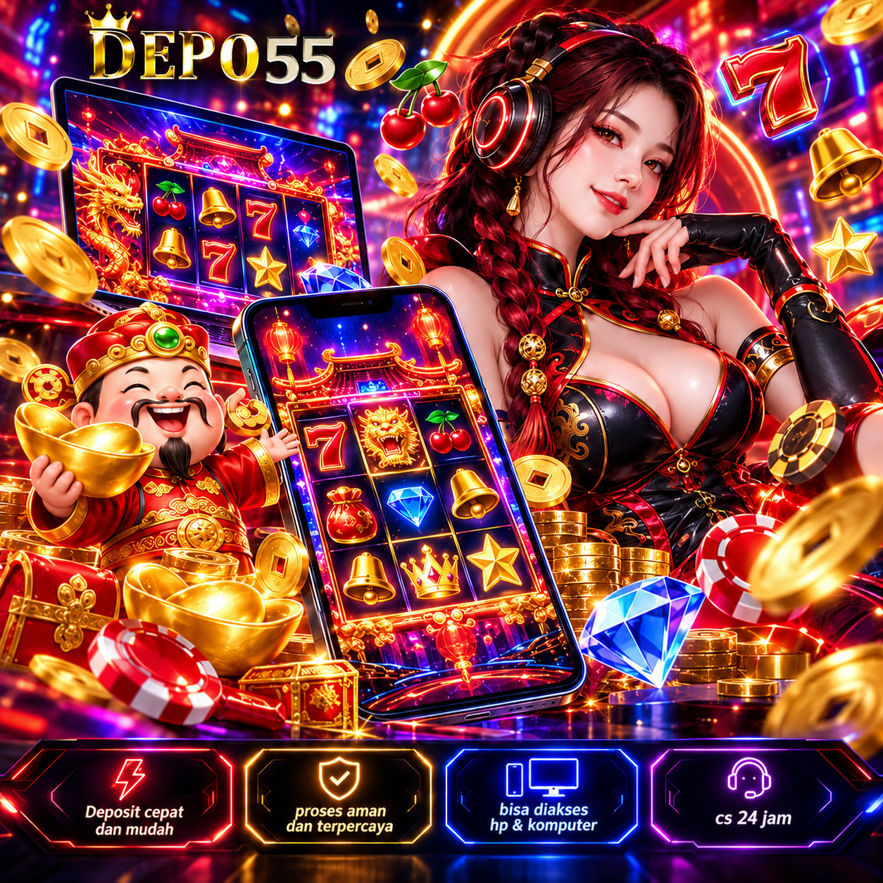 Ilustrasi DEPO55 bertema hiburan game digital dan perangkat