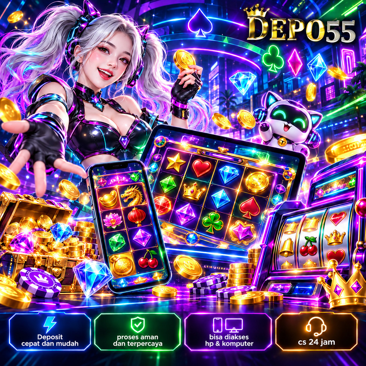 Ilustrasi DEPO55 dengan nuansa neon dan perangkat hiburan digital