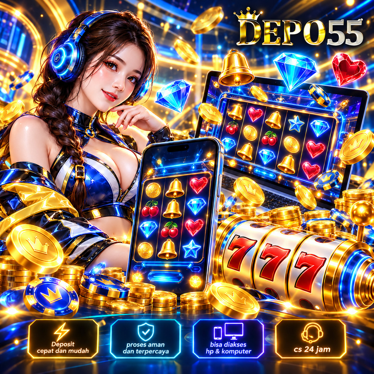 Ilustrasi DEPO55 dengan nuansa biru emas dan tampilan game